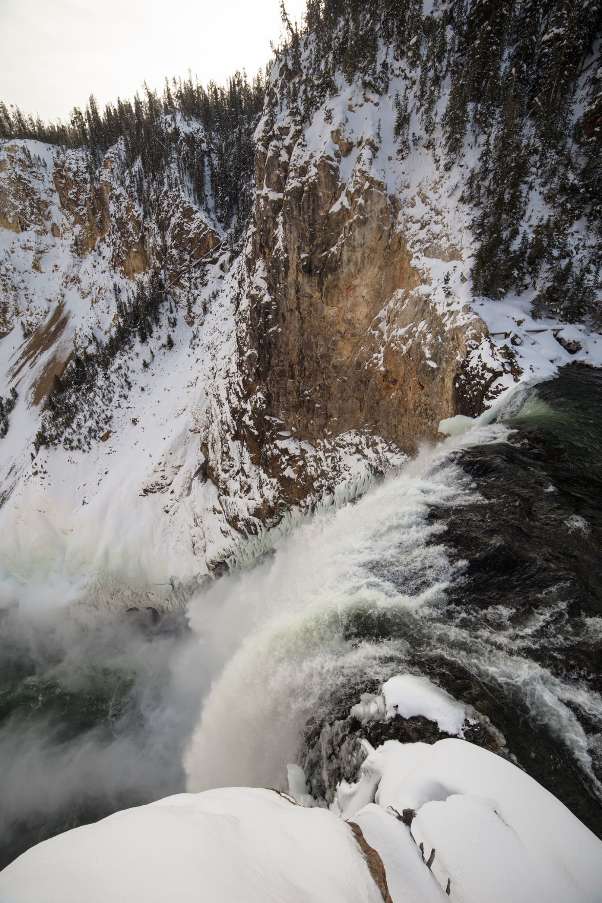 Brink of the Lower Falls after a snow storm